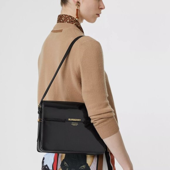 Burberry Handbags - Burberry Large Black Lacquer Leather Grace Bag